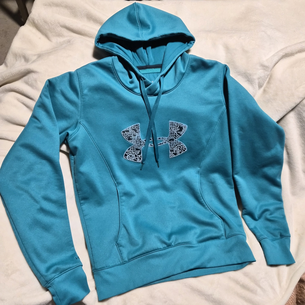 Under Armour ColdGear Women’s Semi-Fitted Hoodie Teal Blue Floral Logo Medium